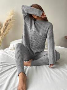 SHEIN EZwear Bộ 2 áo len dệt kim xoắn cổ tròn tay dài màu trơn cho nữ và quần - Xám - Xem 6