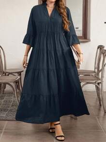 SHEIN LUNE Đầm chữ A dài cổ chữ V trơn mùa hè cỡ lớn cho nữ - Màu xanh hải quân - Xem 1
