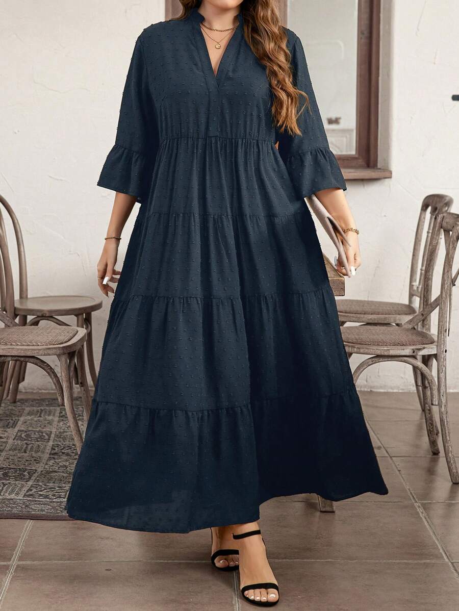 SHEIN LUNE Đầm chữ A dài cổ chữ V trơn mùa hè cỡ lớn cho nữ - Màu xanh hải quân - Xem 1