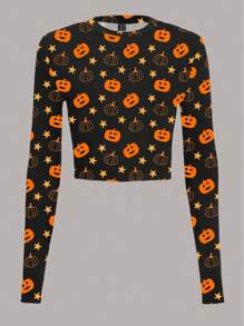 SHEIN EZwear 女式南瓜全印花圆领紧身短款休闲长袖打底 T 恤，适合秋冬万圣节 - 白色 - 查看 1