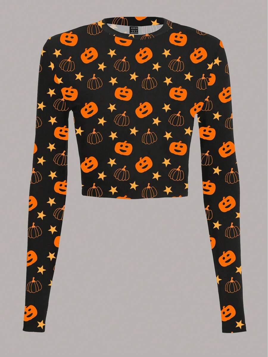 SHEIN EZwear 女式南瓜全印花圆领紧身短款休闲长袖打底 T 恤，适合秋冬万圣节 - 白色 - 查看 1