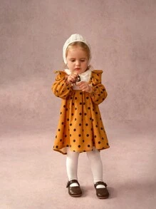 Baby Girl Polka Dot Print & Furry Contrast Ruffle Hem Casual Dress, Fall/Winter - Khaki - View 4