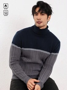 Manfinity Homme 男士秋冬拼色高领宽松休闲毛衣 - 灰色 - 查看 5