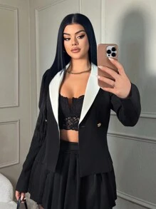 SHEIN SXY Chaqueta blazer con mangas obispo en blanco y negro para mujeres - Blanco y Negro - Ver 4