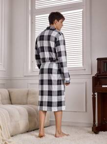 Men's Plaid Print Waist Tie Long Sleeve Robe - Multicolor - View 2