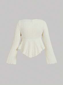 SHEIN MOD 大码纹理喇叭袖前系带下摆弧形下摆长袖 T 恤，秋冬款 - 白色 - 查看 2