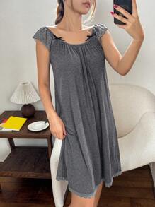 DAZY 蕾丝拼接褶饰蝴蝶结休闲吊带睡衣睡衣 - 灰色 - 查看 4