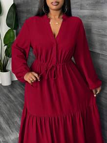 Slaydiva Plus Elegant,Casual & Party Solid Long Sleeve V-Neck A-Line Dress With Drawstring Waist, Hem Splicing Details For Women, Spring/Autumn - Burgundy - View 4