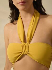 CAJUNI Women's Vacation Casual Summer Yellow Halter Twist Lace Up Top - Yellow - View 7