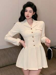 DAZY 女士纯色纽扣长袖休闲连衣裙，生日、新年、舞会礼服，荷叶边迷你裙，秋季优雅女装 - 白色 - 查看 6