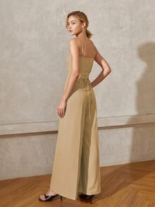 SHEIN Black Friday x Star Picks 女士纯色优雅阔腿连体裤，春夏秋季 - 卡其色 - 查看 2