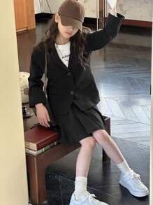 DAZY Set de 2 piezas con blusa de manga larga con botones al frente y falda evasé de unicolor para niña preadolescente