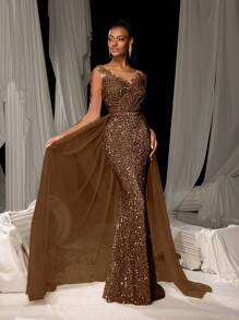Elisanya Elegant Sequin-Glitter Mermaid Tail Gown With Floral Embroidery & Flowing Tulle Train | Luxury Evening Dress For Black Tie Galas, Weddings - Rust Brown - View 5