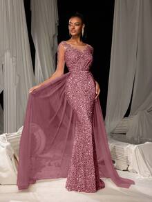 Elisanya 优雅亮片美人鱼尾礼服，带花卉刺绣和飘逸薄纱拖尾 | 奢华晚礼服，适合黑色领带晚会、婚礼派对礼服、婚礼宾客礼服、正式礼服 - 藕粉色 - 查看 4