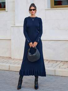 EURMUSE Elegant Raffle Hem Button Detailed Sleeves Maxi Rib Knit Sweater Dress - Navy Blue - View 3