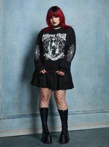 Corpse Bride X SHEIN Plus Size Casual Cartoon Character & Slogan Loose Fit Drop Shoulder Sweatshirt, Spring And Autumn Winter Fall - Black - View 6