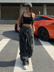 SHEIN EZwear Washed Black Denim Multi-Pocket Cargo Wide Leg Jeans