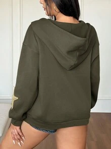 SHEIN EZwear Áo khoác nỉ dài tay có khóa kéo, họa tiết ngôi sao, vai rớt, dành cho nữ cỡ lớn, mùa thu đông. - xanh quân đội - Xem 2