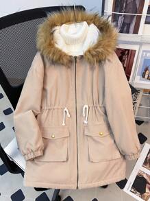 Abrigo medio holgado y cómodo de color beige para niña preadolescente, con capucha forrada y peludo cuello con bolsillos, abrigado para otoño e invierno