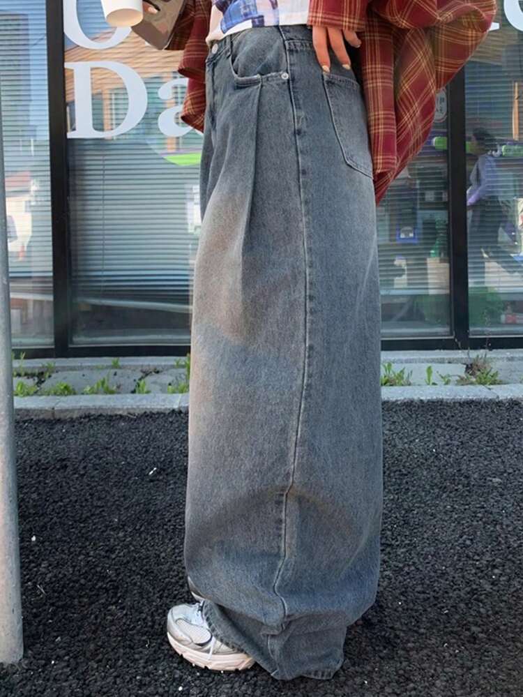 Denim Retos de Perna Vintage Deslavados e Desgastados para Mulheres, Denim Folgados