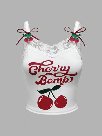 Kawaii Casual Cherry Printed Contrast Lace Cami Top With 3D Cherry Decor, School