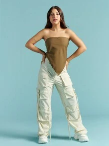 SHEIN X  Ignacia Antonia Chiquease 纯色性感不对称下摆抹胸无袖上衣 - 棕色 - 查看 2