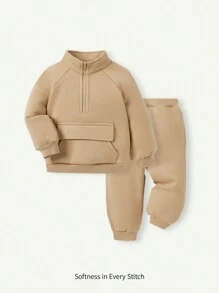 Cozy Pixies 2pcs Baby Boy's Stand Collar Raglan Sleeve Pouch Front Solid Color Sweatshirt & Pants Set - Khaki - View 1