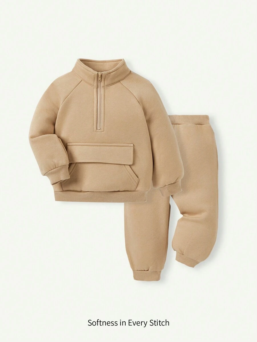 Cozy Pixies 2pcs Baby Boy's Stand Collar Raglan Sleeve Pouch Front Solid Color Sweatshirt & Pants Set - Khaki - View 1