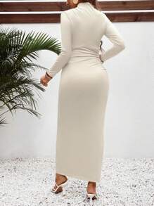 SHEIN Váy dài chụp ảnh bà bầu dáng ôm cổ đứng cho mùa thu - Màu be - Xem 2