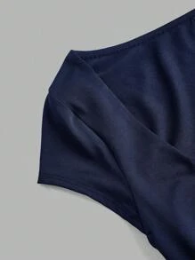 SHEIN Essnce 2 chiếc áo thun tay ngắn bó sát cạp chun đơn giản dành cho nữ - Màu xanh hải quân - Xem 7