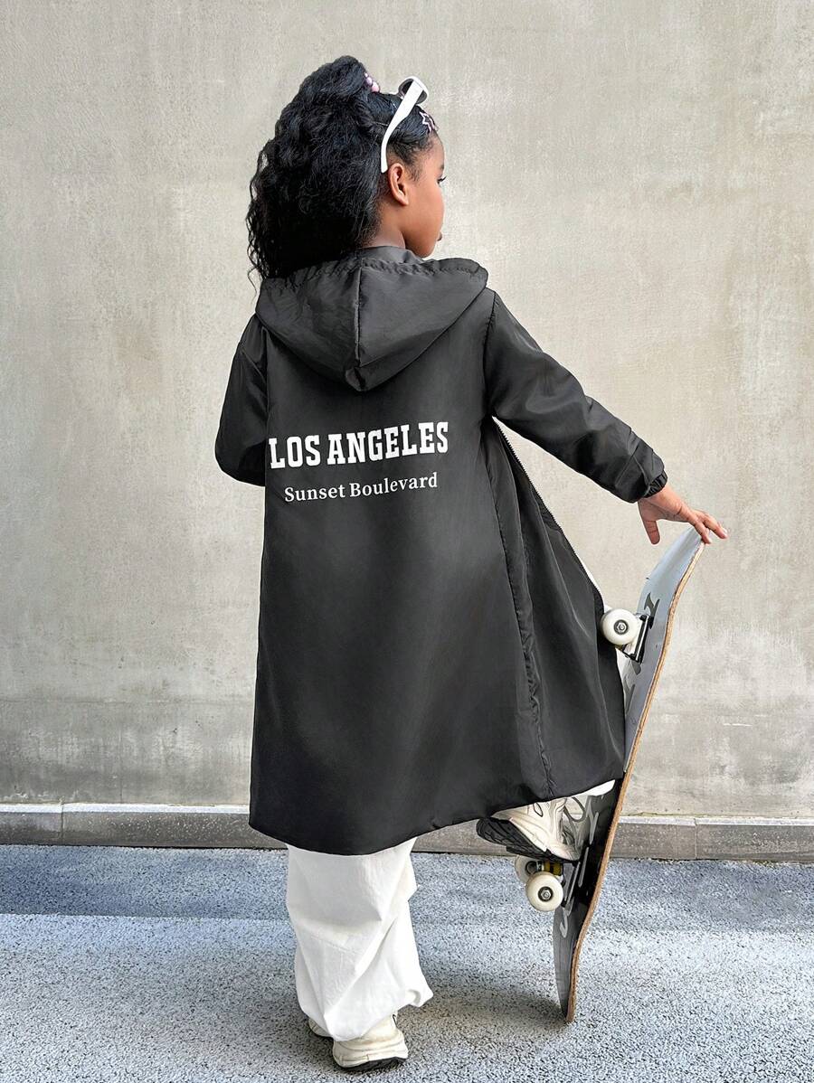 SHEIN Tween Girl Oversized Windbreaker Jacket, Hooded, Waterproof, Windproof, Printed Backside, Spring Autumn - Black - View 1