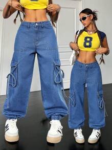 SHEIN Essnce 女士休闲宽松工装牛仔裤，蓝色