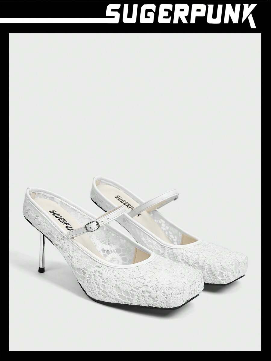 Sugerpunk 方头蕾丝细节女式高跟鞋秋季款 - 白色 - 查看 1