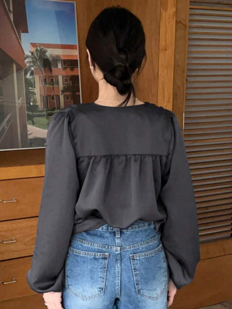 Women Solid Color Twist Front Elegant Blouse,Fall Clothes Preppy Tops Long Sleeve Top
