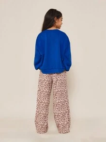 SUMWON Tween Girls Crew Neck Sweatshirt With Boston Graphic Print And Leopard Print Pant 2 Piece Set