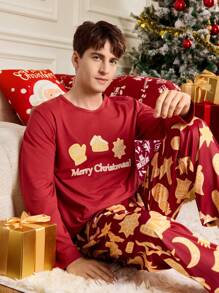 Happy Jammies 2 件套男士圣诞主题印花圆领长袖睡衣套装 - 紅色 - 查看 4