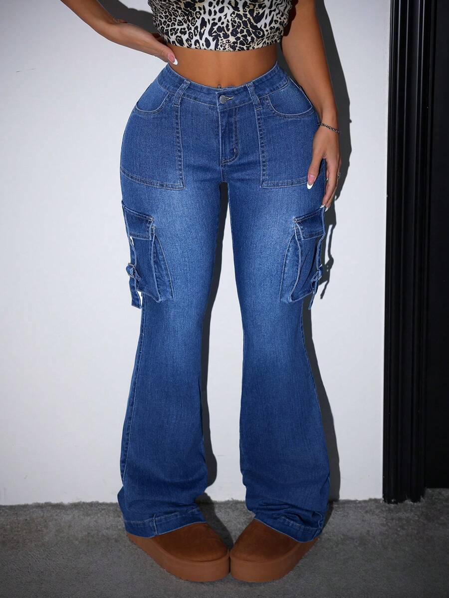 SHEIN ICON Jeans azules de pierna acampanada y elásticos para mujer - Azul lavado medio - Ver 1