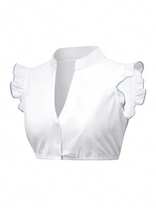 Women's Traditional Bavarian Dirndl Dress Shirt, V-Neck Crop Top, For Oktoberfest & Halloween - Blue - View 3
