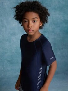 SHEIN Tween Boy Knitted Solid Color Panel Letter Reflective Print Crew Neck Short Sleeve Casual Sports T-Shirt - Navy Blue - View 4
