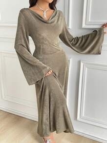 Modelyn 女士纯色垂领优雅长袖阿拉伯朴素连衣裙长款晚礼服 - 綠色 - 查看 2