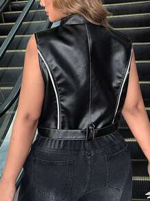 SHEIN EZwear Plus Size Fashion Contrast Color Patchwork Vest Jacket, Spring/Autumn - Black and White - View 2