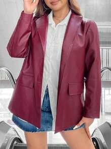CovetEZ Plus Size Burgundy PU Blazer Jacket, For Winter