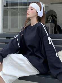 DAZY Áo nỉ nữ tay dài cổ tròn in họa tiết sọc màu tương phản, quần áo nữ mùa thu - Màu xanh hải quân - Xem 8