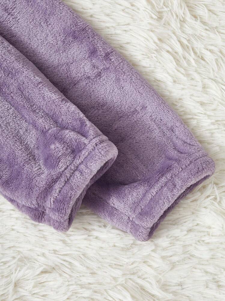 Letter Embroidery Drop Shoulder Flannel Lounge Top - Purple - View 4