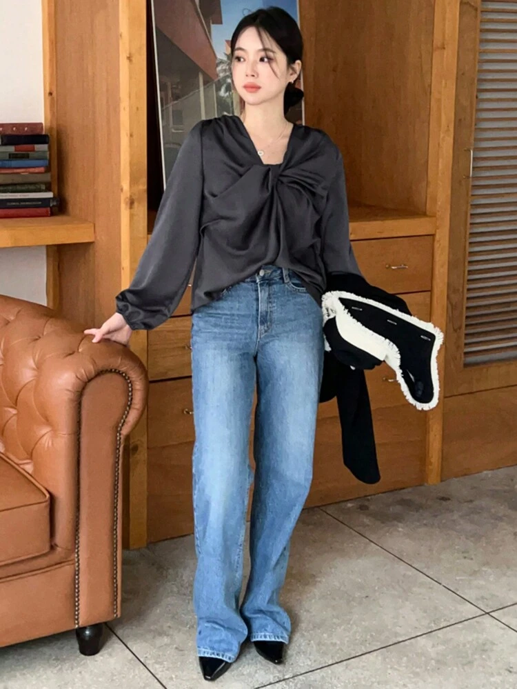 Women Solid Color Twist Front Elegant Blouse,Fall Clothes Preppy Tops Long Sleeve Top
