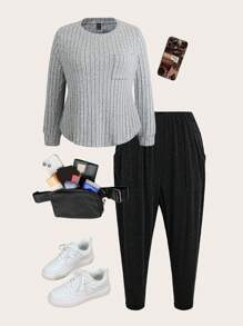 SHEIN LUNE Plus Solid Elastic Waist Joggers - Dark Grey - View 5