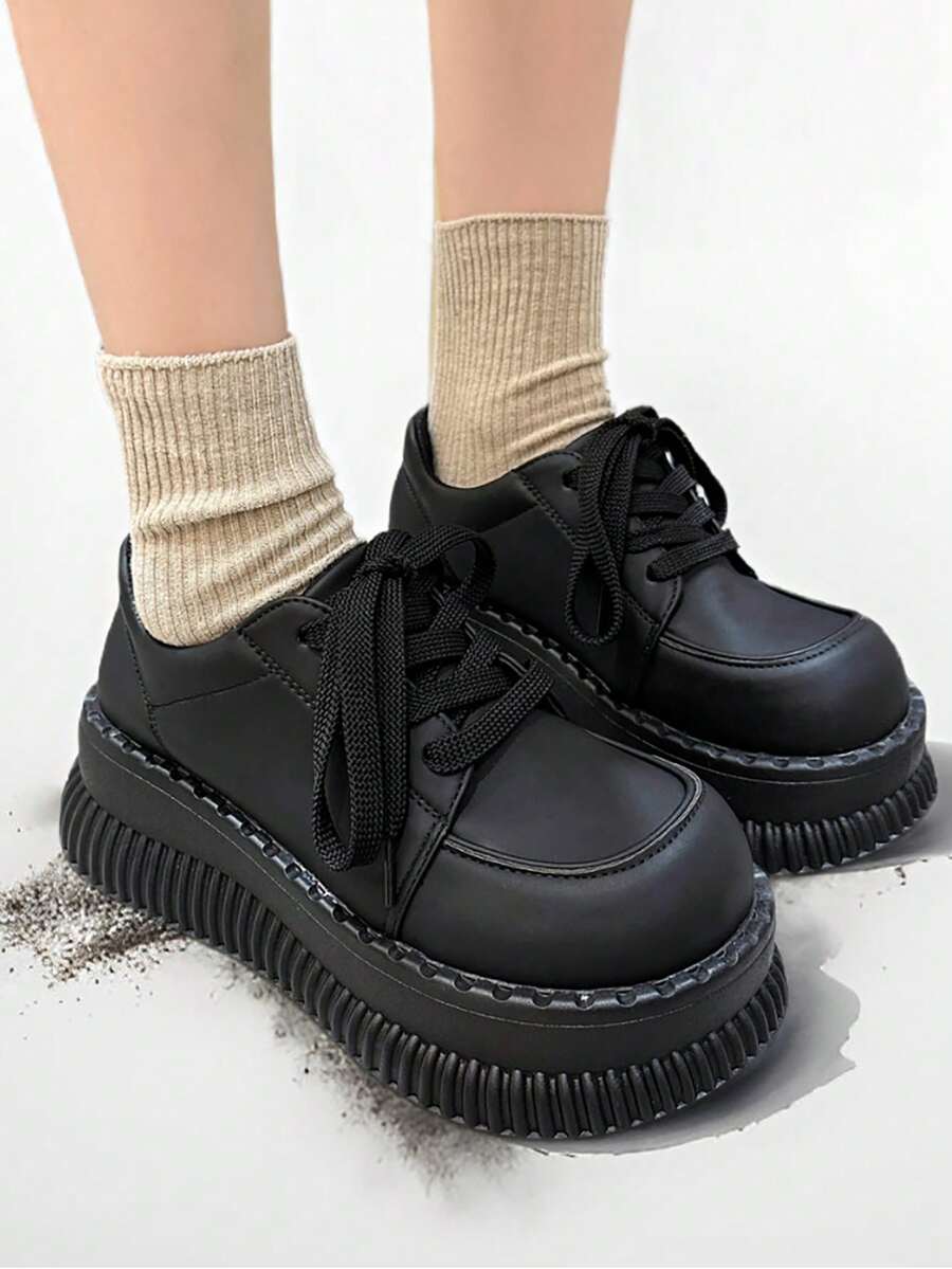 Giày Mary Jane đế dày buộc dây phong cách Gothic Punk cho nữ, giày công sở đế dày Retro Goth Creeper mùa thu - màu đen - Xem 1