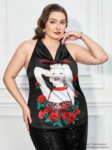 Marilyn Monroe X SHEIN Parte superior sin mangas con cuello de halter con estampado floral y de figuras para mujer de talla grande, verano - Negro - Ver 3
