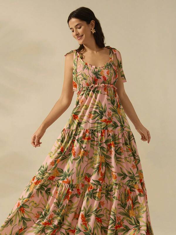CAJUNI Women's Boho Tropical Plant Print Pink Lace Up Flounce Ball Gown Maxi Dress,Vacation Casual Summer Beach Dress