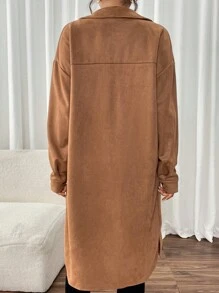 SHEIN Privé Elegant Casual Khaki Faux Suede Drop Shoulder Hooded Coat For Fall Winter - Khaki - View 2